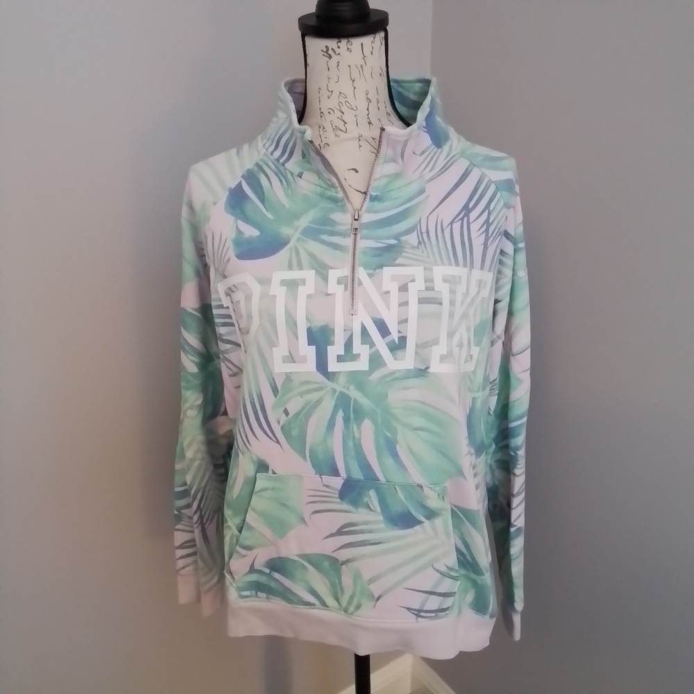 Pink Victoria's Secret Tropical Hawaiian Palm Print 1/4 Zip Pullover - M